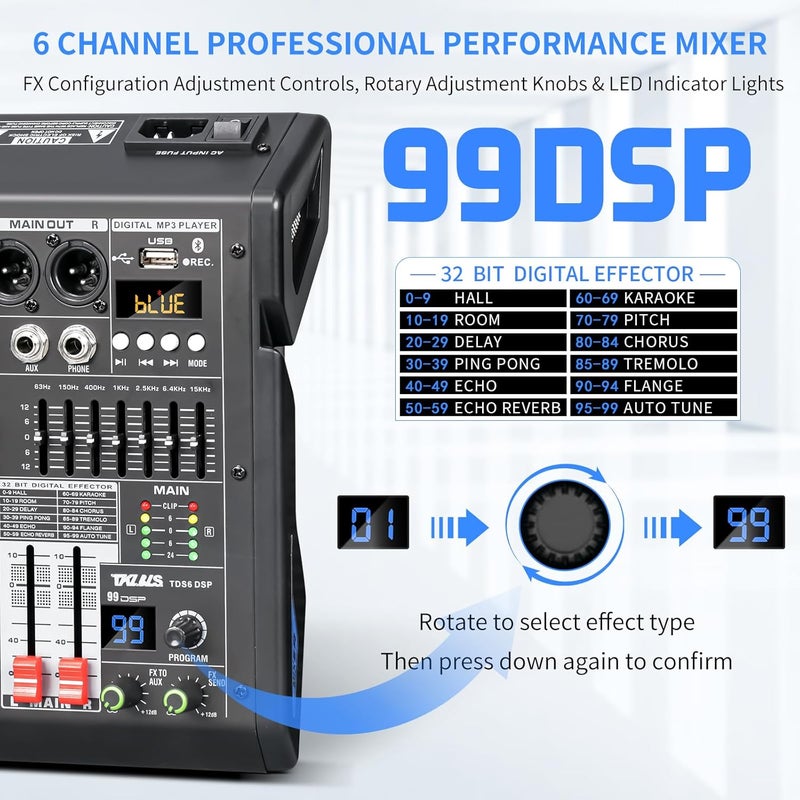 TKLBLS Audio Mixer, 6-Channel Professional DJ Mixer with 99-Bit DSP Effects, 7-Band EQ, 48V Phantom Power, MP3/Computer Input - Studio Audio Mixing Console for Recording & Live Performances - Image 2